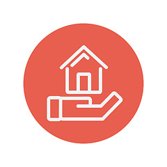 Image showing Hand holding house thin line icon