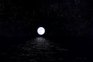 Image showing Full Moon in the sky with stars and water