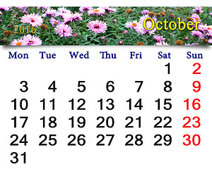 Image showing calendar for October 2016 with pink asters