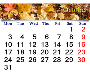 Image showing calendar for October 2016 with yellow leaves