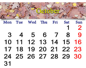 Image showing calendar for October 2016 with red leaves