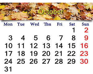 Image showing calendar for October 2016 with yellow leaves
