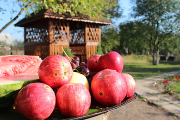 Image showing red apples on the arbor background
