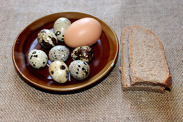 Image showing eggs of the quail and hen with pieces of bread