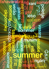 Image showing Summer multilanguage wordcloud background concept glowing