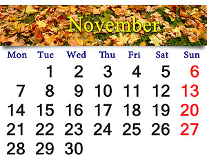 Image showing calendar for November 2016 with the moss and leaves