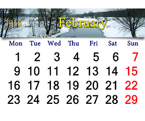 Image showing calendar for February of 2016 with winter river 