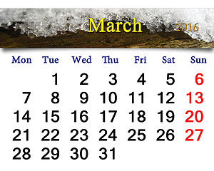 Image showing Calendar for March 2016 with layer of snow on tree