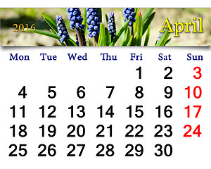Image showing calendar for April of 2016 with muscari
