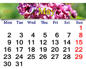 Image showing calendar for May of 2016 with lilac