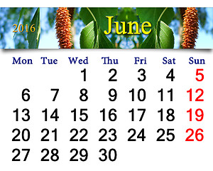 Image showing calendar for June 2016 with birch's leaves 