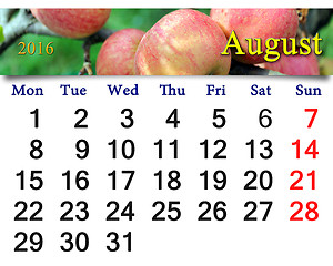 Image showing calendar for August 2016 year with apples