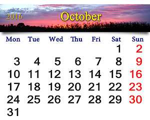 Image showing calendar for October 2016 with crimson sunset