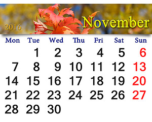 Image showing calendar for November 2016 with red autumn leaves