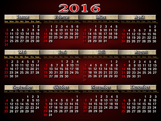 Image showing calendar for 2016 in German on claret
