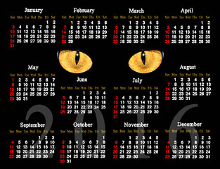 Image showing calendar dark for 2016 in English with cat's eyes