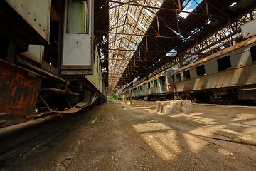 Image showing Cargo trains in old train depot