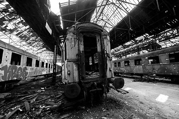 Image showing Cargo trains in old train depot