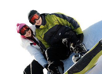 Image showing Couple of happy snowboarders