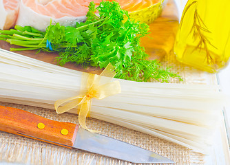 Image showing raw rice noodles and raw salmon