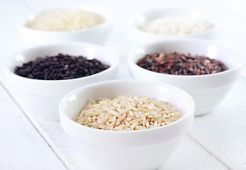 Image showing Different kind of raw rice, raw rice in the white bowls