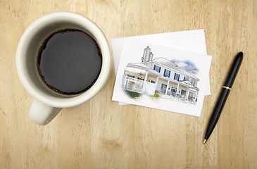 Image showing Note Card with House Drawing, Pen and Coffee