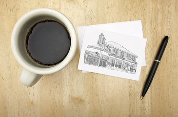 Image showing Note Card with House Drawing, Pen and Coffee