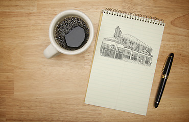 Image showing Pad of Paper with House Drawing, Pen and Coffee