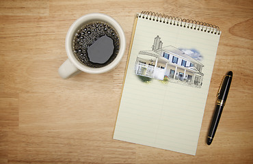 Image showing Pad of Paper with House Drawing, Pen and Coffee