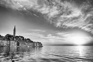 Image showing Old city core in Rovinj at sunset bw