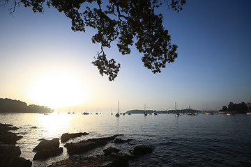 Image showing Sailboats at sunset anchored in Adriatic sea