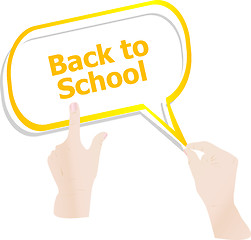 Image showing back to school. Design elements, hands and speech bubbles isolated on white, education concept