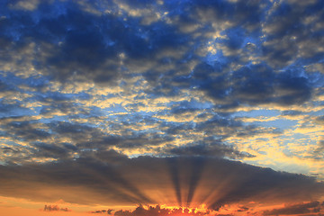 Image showing beautiful summer sunset with dark sky and sun