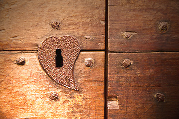 Image showing   brown knocker and wood  door castiglione  