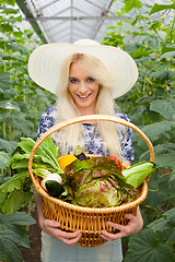 Image showing Attractive blond woman with a basket of vegetables