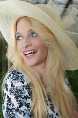 Image showing Close up Pretty Blond Woman Wearing Straw Hat