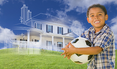 Image showing Mixed Race Boy Holding Ball with Ghosted House Drawing Behind