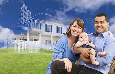 Image showing Mixed Race Family with Ghosted House Drawing Behind