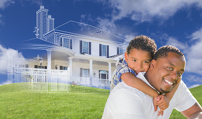 Image showing Mixed Race Father and Son with Ghosted House Drawing Behind