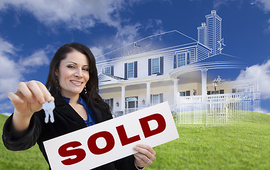 Image showing Woman Holding Keys, Sold Sign with Ghosted House Drawing Behind