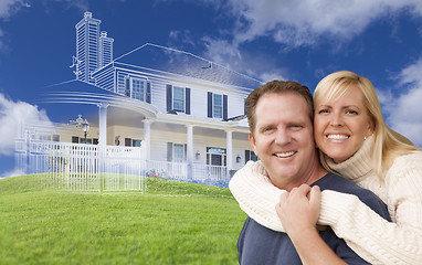 Image showing Hugging Couple with Ghosted House Drawing Behind