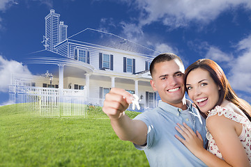 Image showing Military Couple Holding House Keys with Ghosted House Drawing Be