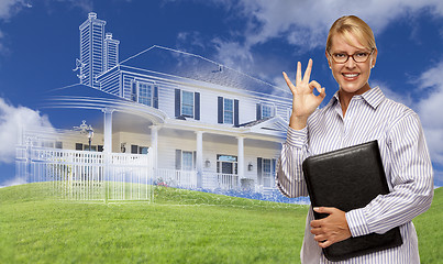 Image showing Businesswoman Making Okay Hand Sign with Ghosted House Drawing B