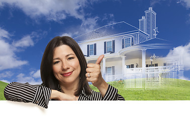 Image showing Thumbs Up Hispanic Woman with Ghosted House Drawing Behind