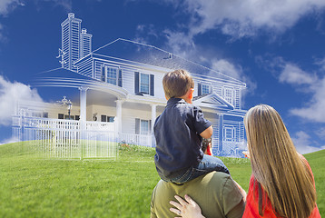 Image showing Young Family Facing Ghosted House Drawing Behind