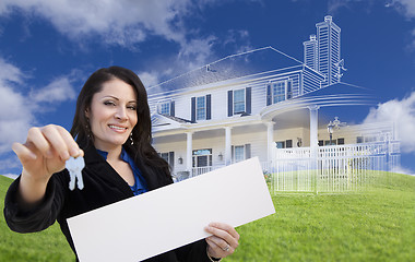 Image showing Woman Holding Keys, Blank Sign with Ghosted House Drawing Behind