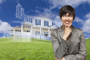 Image showing Mixed Race Woman Looks to Ghosted House Drawing Behind