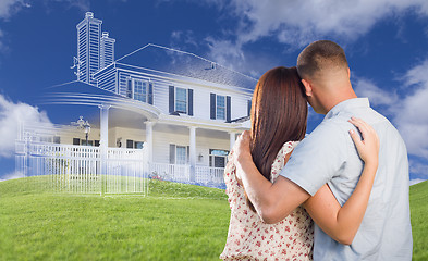 Image showing Young Military Couple Facing Ghosted House, Drawing and Grass