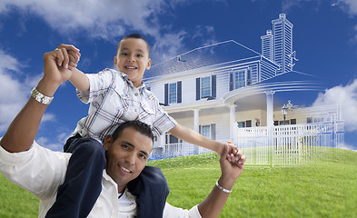 Image showing Hispanic Father and Son with Ghosted House Drawing Behind