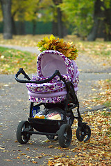 Image showing perambulator standing in the autumn park